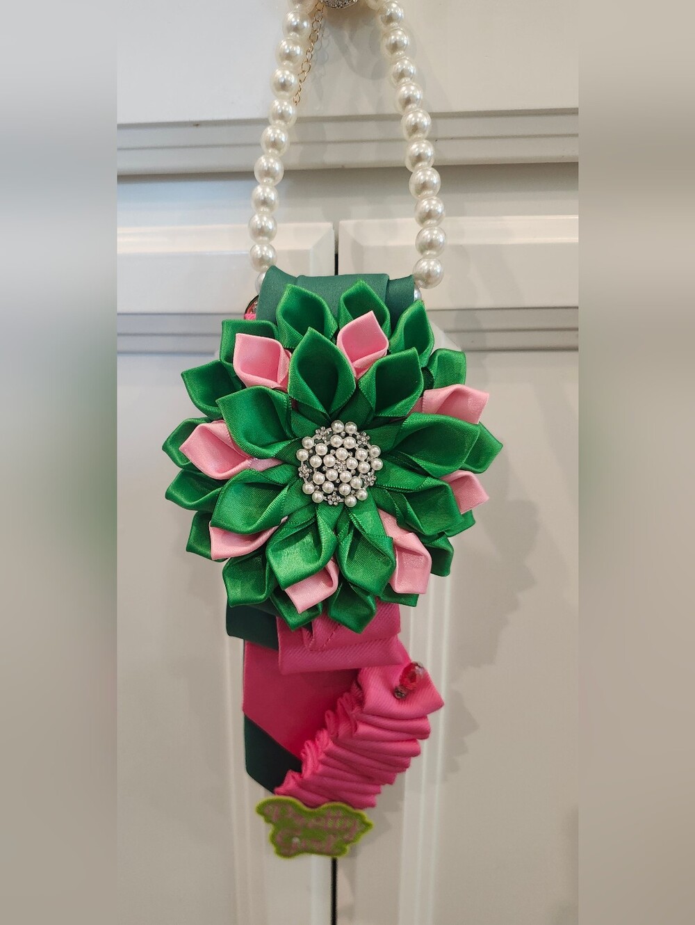 Green and Pink Floral Pearl Double Statement Tie With Pearl/Rhinestone Accents